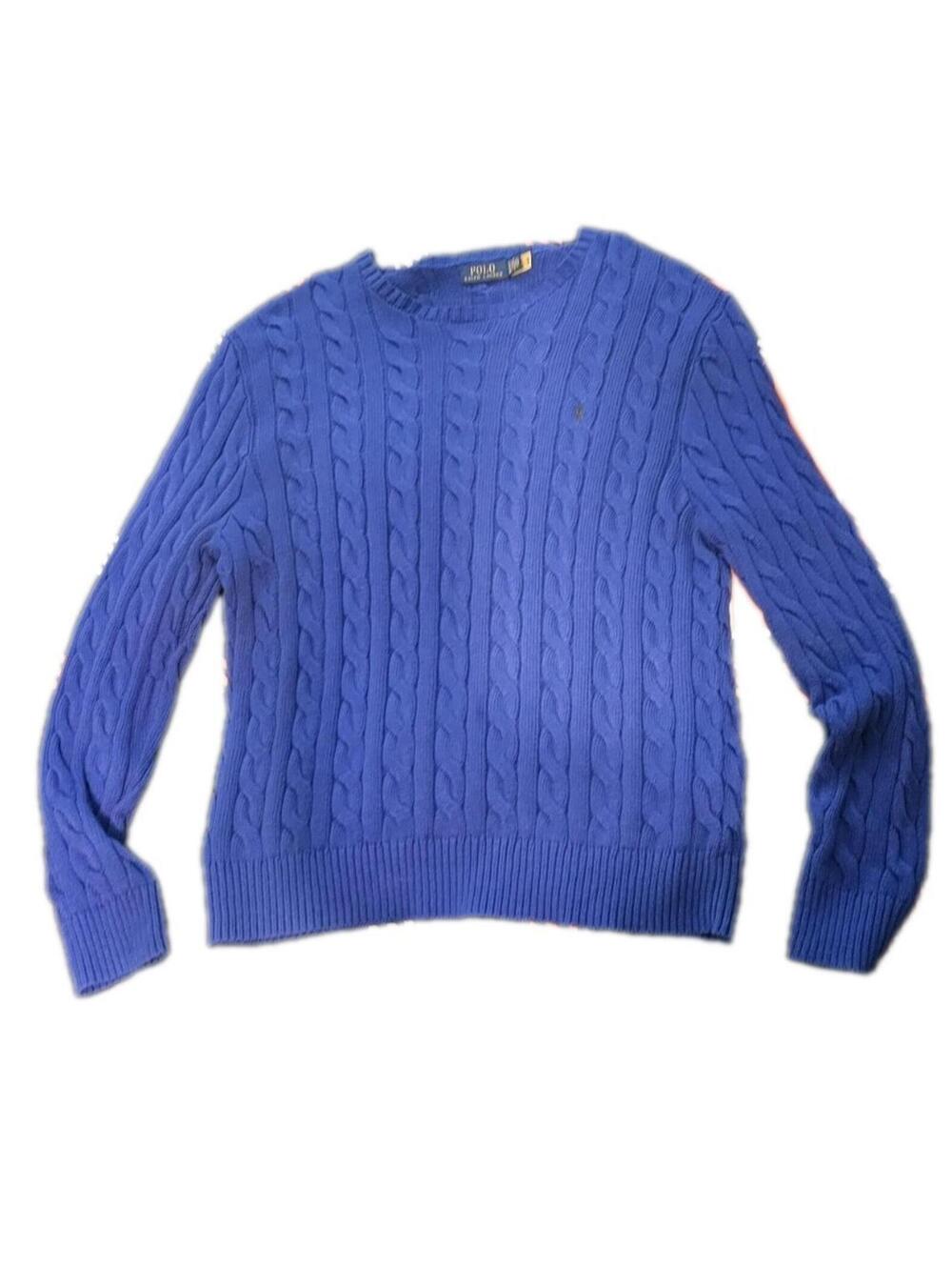 Polo Ralph Lauren Royal Blue Cable Knit Crew Neck Sweater XL Oversized Blue Tag